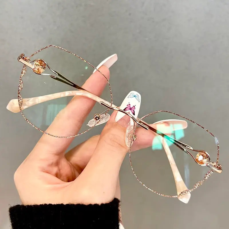Metal-Trimmed Frameless Reading Glasses – Elegant Anti Blue Light Design for Women