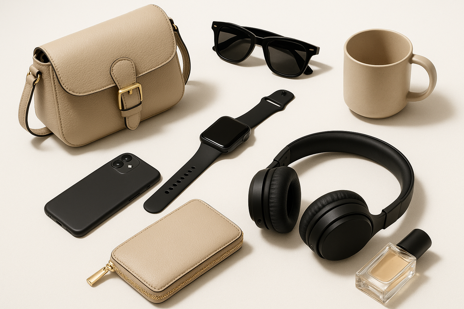 Artistic arrangement of diverse lifestyle products (fashion, tech, home essentials) in neutral beige and black tones, minimalist luxury style, clean background.