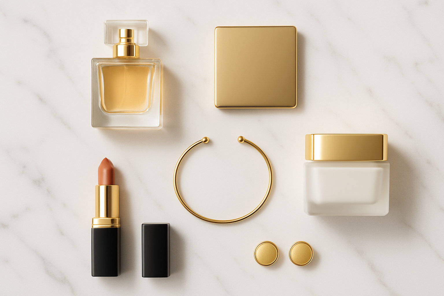 Flat lay of luxury products on a white marble background, gold accents, minimal shadows, elegant aesthetic, clean and modern composition.