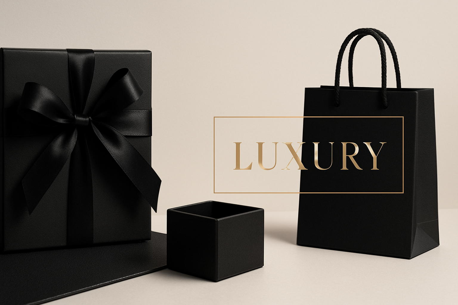Luxury lifestyle banner, elegant minimal design, black and gold accents, modern shopping aesthetic, clean background, premium atmosphere, soft lighting, high-end e-commerce vibe
